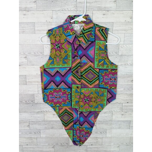 Vintage 80s 90s Miss Kitty Southwestern Aztec Print Tie Up Vest Top Western Sz M - Picture 2 of 10